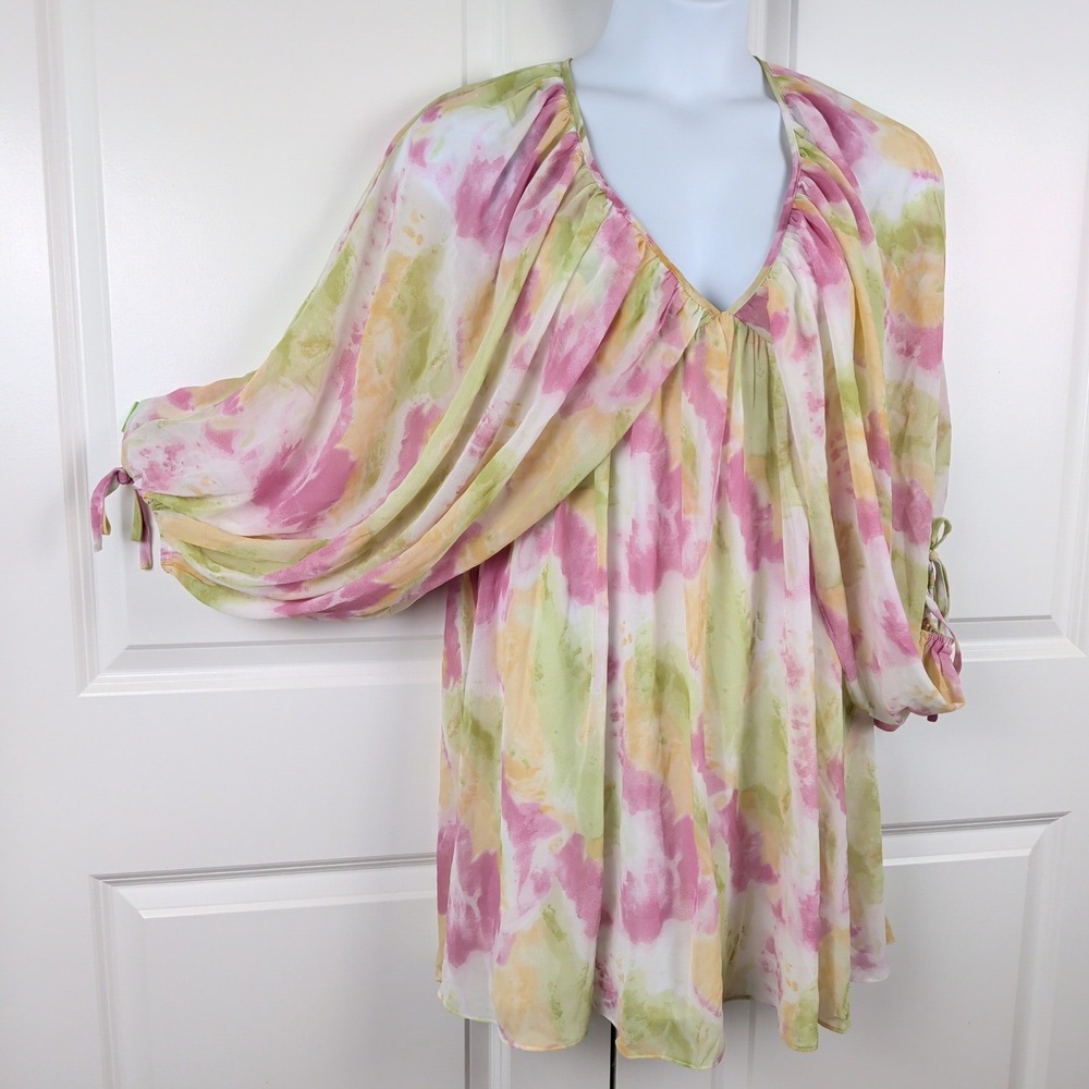 Flowy Watercolor Print Billowy Sleeve Dress Garden Party Wedding Guest